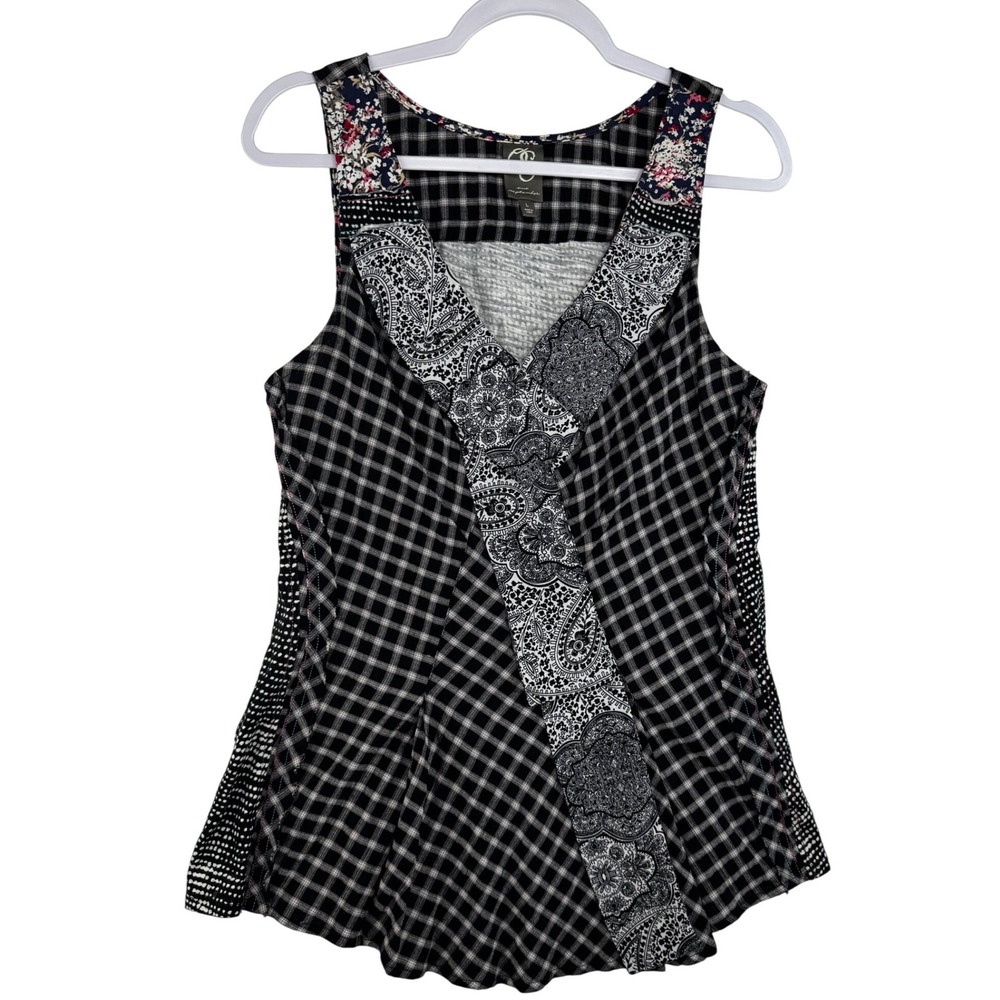 One September Anthropologie Mixed Media Gingham Paisley Floral Tank Top Large